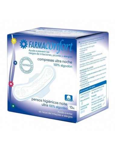 Farmaconfort Compresas de algodón Ultrafinas con Alas Noche, 10Ud