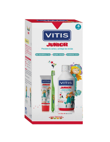 Pack Vitis Junior Gel Dentífrico Sabor 75 ml + Colutorio 500 ml + 1 Cepillo